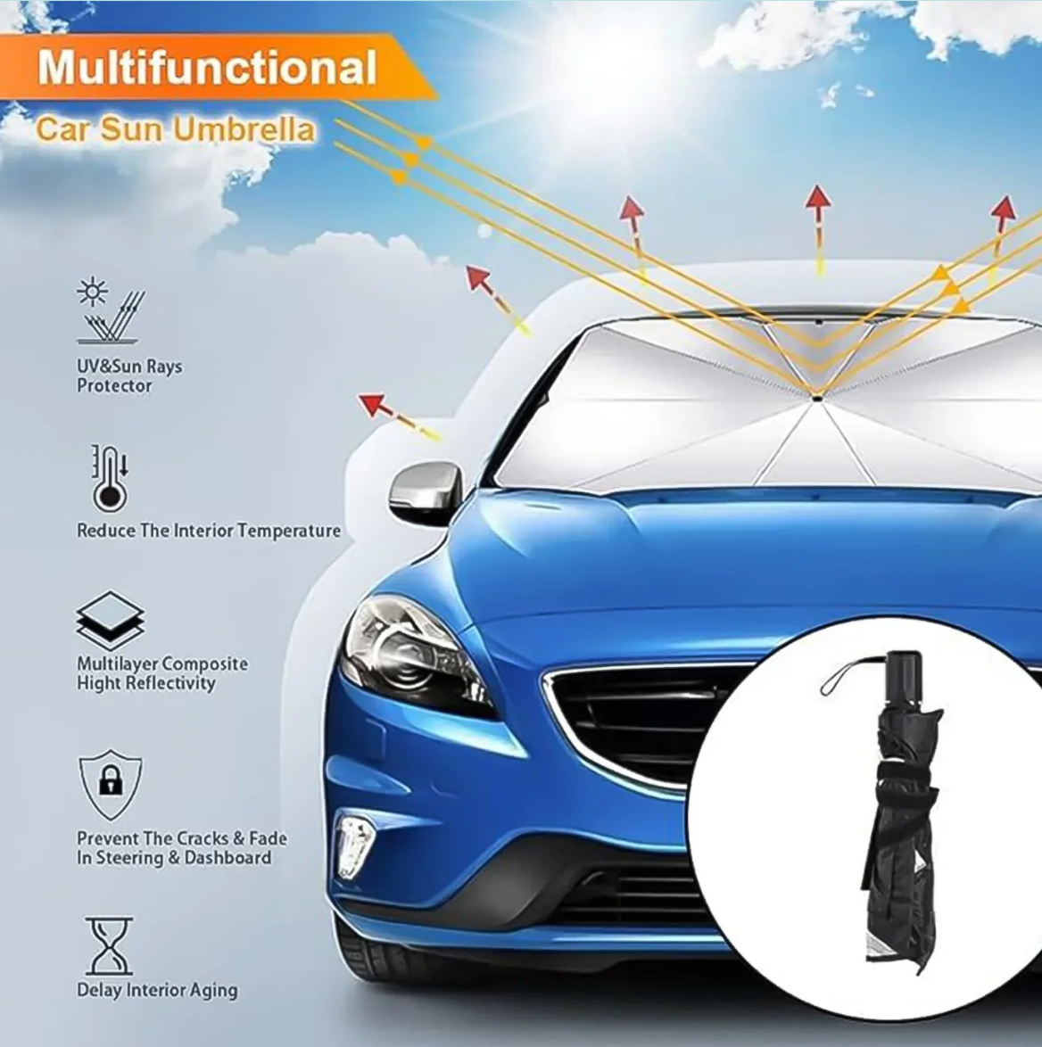Car Windshield Sun Shade Umbrella - Foldable Car Umbrella Sunshade Cover UV Block Car Front Window (Heat Insulation Protection)