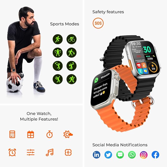 WWMT800-Ultra Smart Watch 1.99" Infinite Display Series 8 Wireless Charging Heart Rate Monitor Bluetooth Call Watch