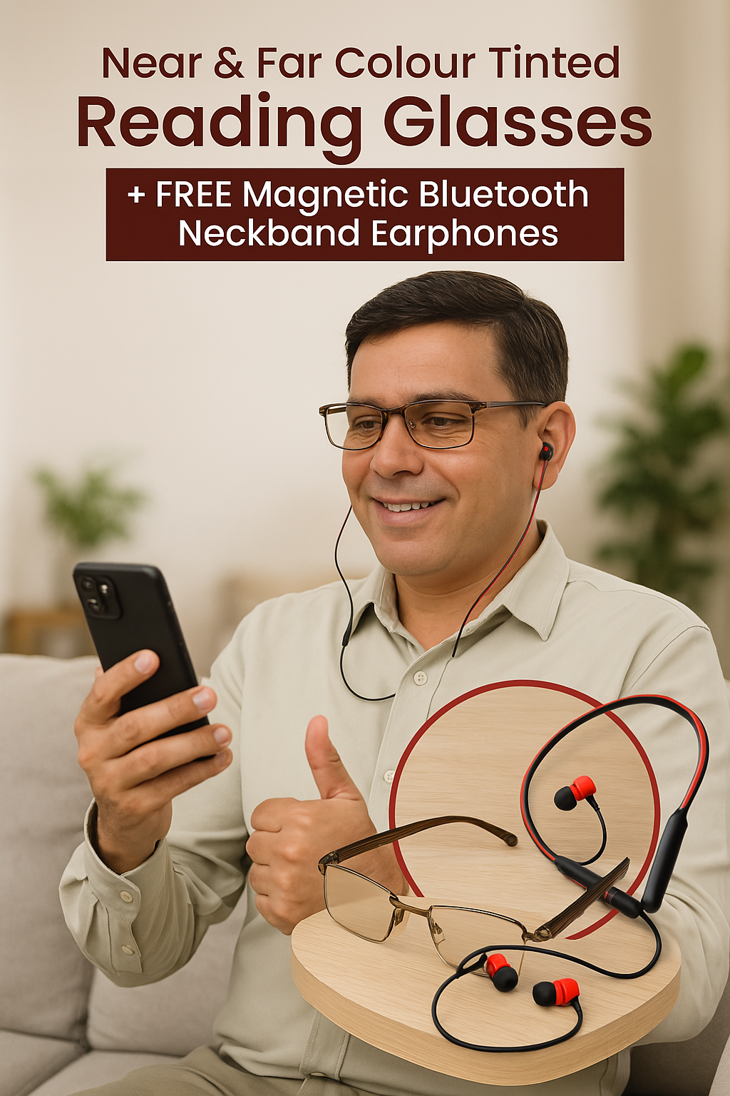 π Brown Rimless Reading Glasses + π§ Bluetooth Neckband