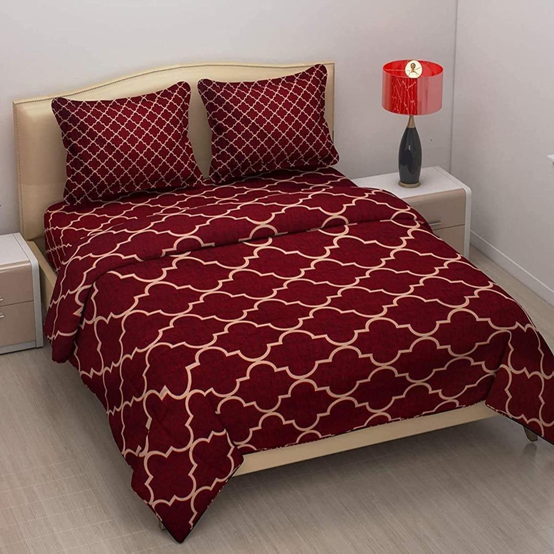 Cotton Elastic Fitted Double Printed Bedsheets With 2 Pillow Covers (78*60* Upto 10 Inches) & 360 Degree Elasticated @ Just Rs.699/- (Maroon)